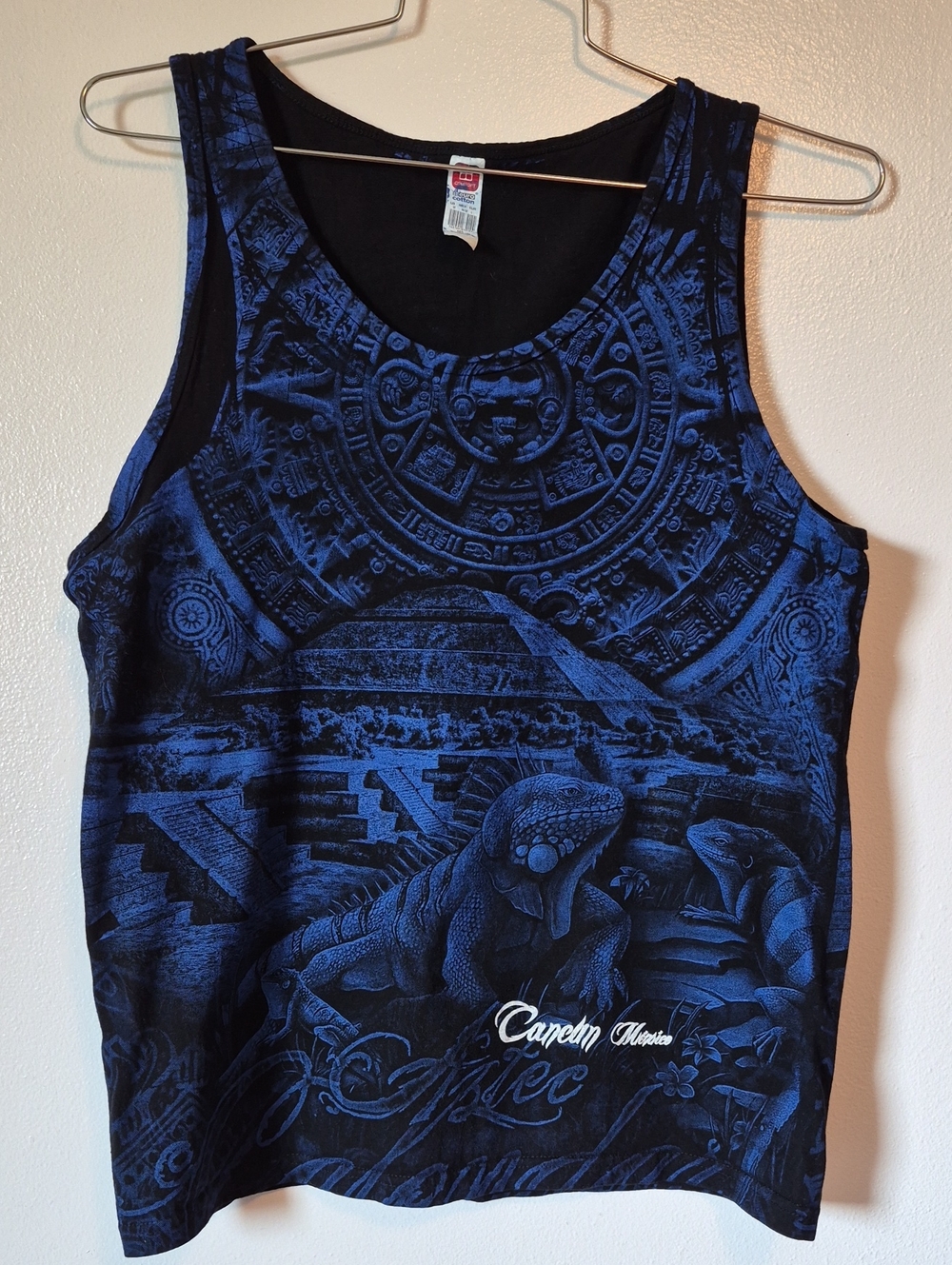 Cancun Mexico Souvenir Tank Top Iguana Graphic Aztec Sun Stone Medium Blue